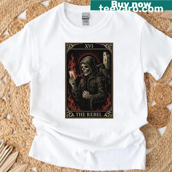 Illustrative t-shirt featuring rebellious tarot symbols