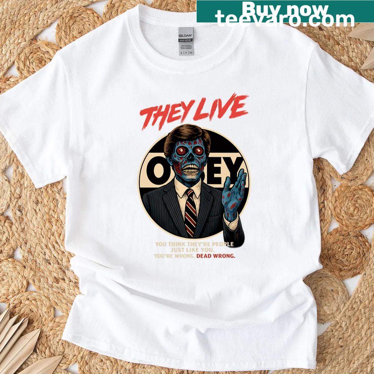 Vintage-inspired T-shirt featuring graphic from 'They Live' movie — on a men's t-shirt