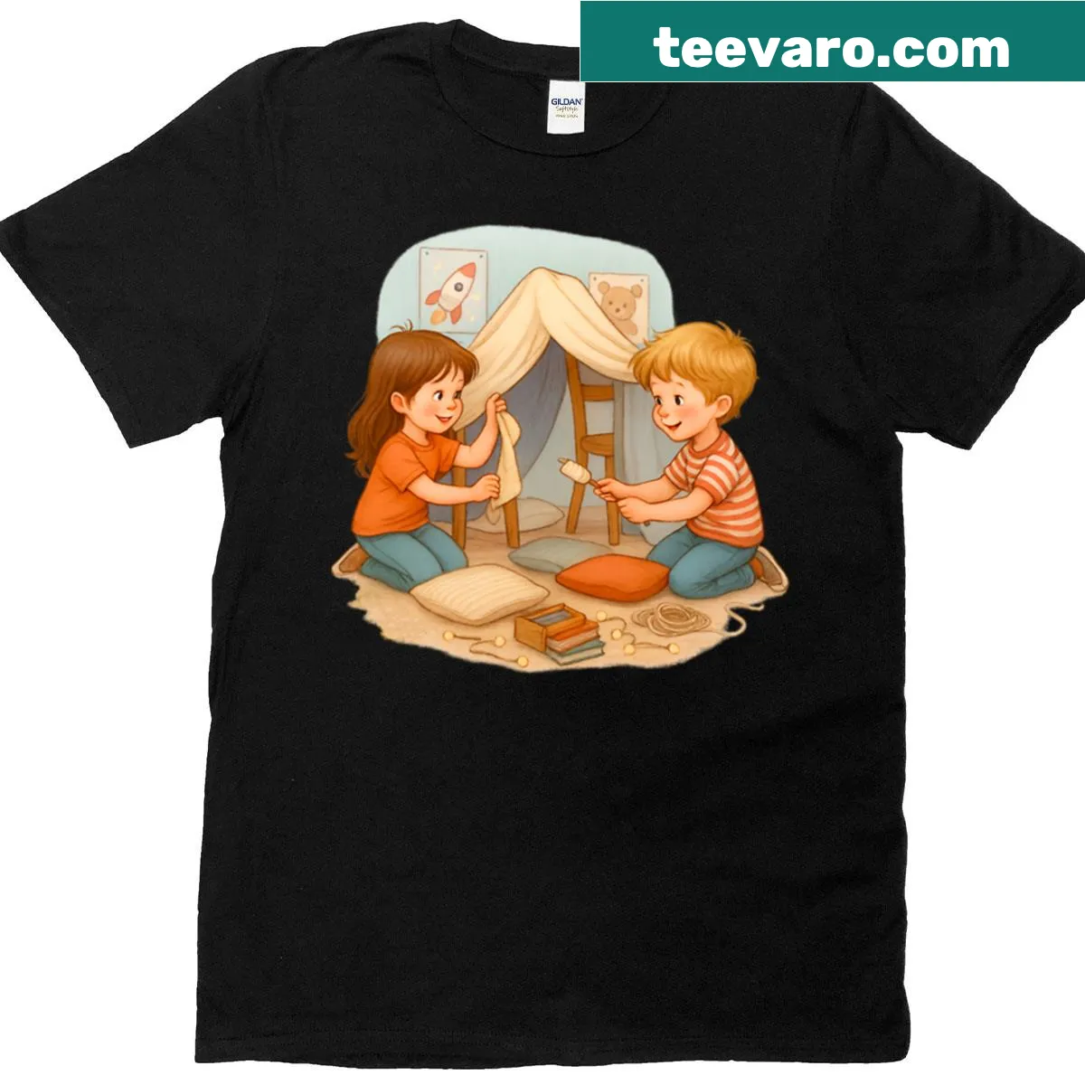 T-shirt depicting children building blanket forts in a whimsical style — on a men's t-shirt