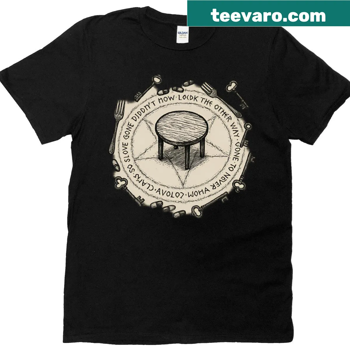 Spooky T-shirt featuring illustration of a toxic table ritual. — on a men's t-shirt