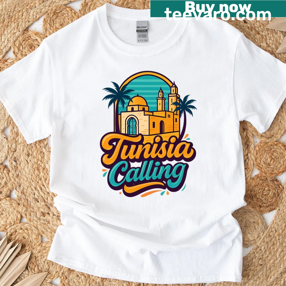 Vintage-inspired T-shirt with 'Tunisia Calling' and Medina design — on a men's t-shirt