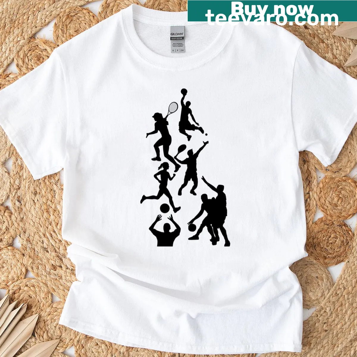 T-shirt with icons representing various sports like football, volleyball, and basketball — on a men's t-shirt