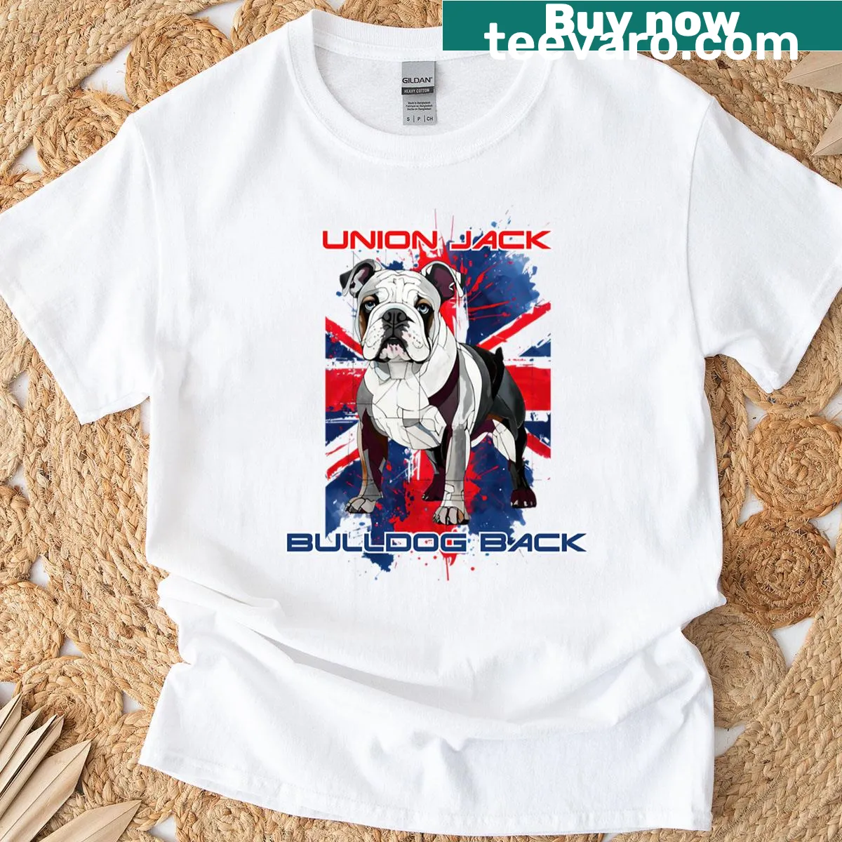 Bulldog illustration with Union Jack design on a T-shirt — on a men's t-shirt