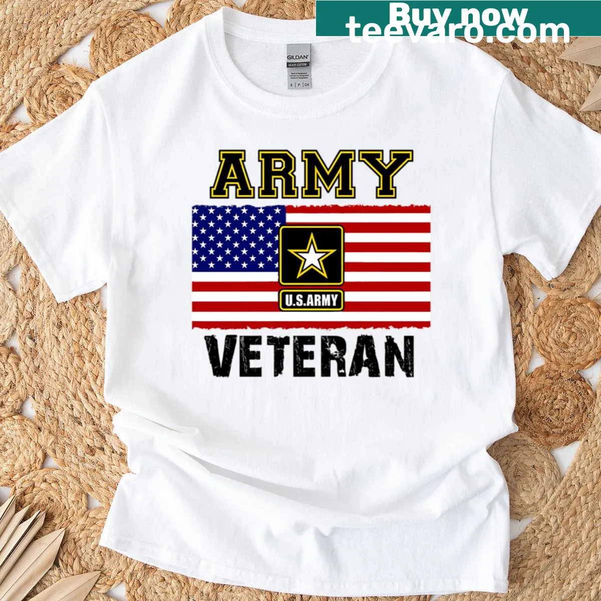 US Army Veteran t-shirt featuring American flag illustration — on a men's t-shirt