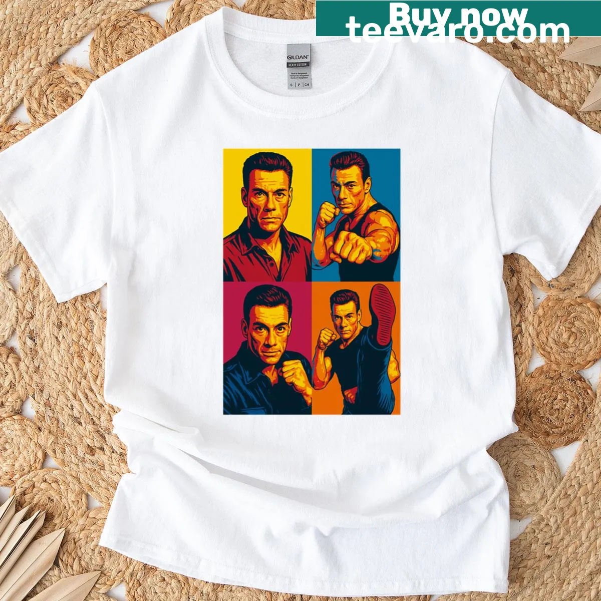 Vintage pop art T-shirt featuring portraits of Van Damme — on a men's t-shirt