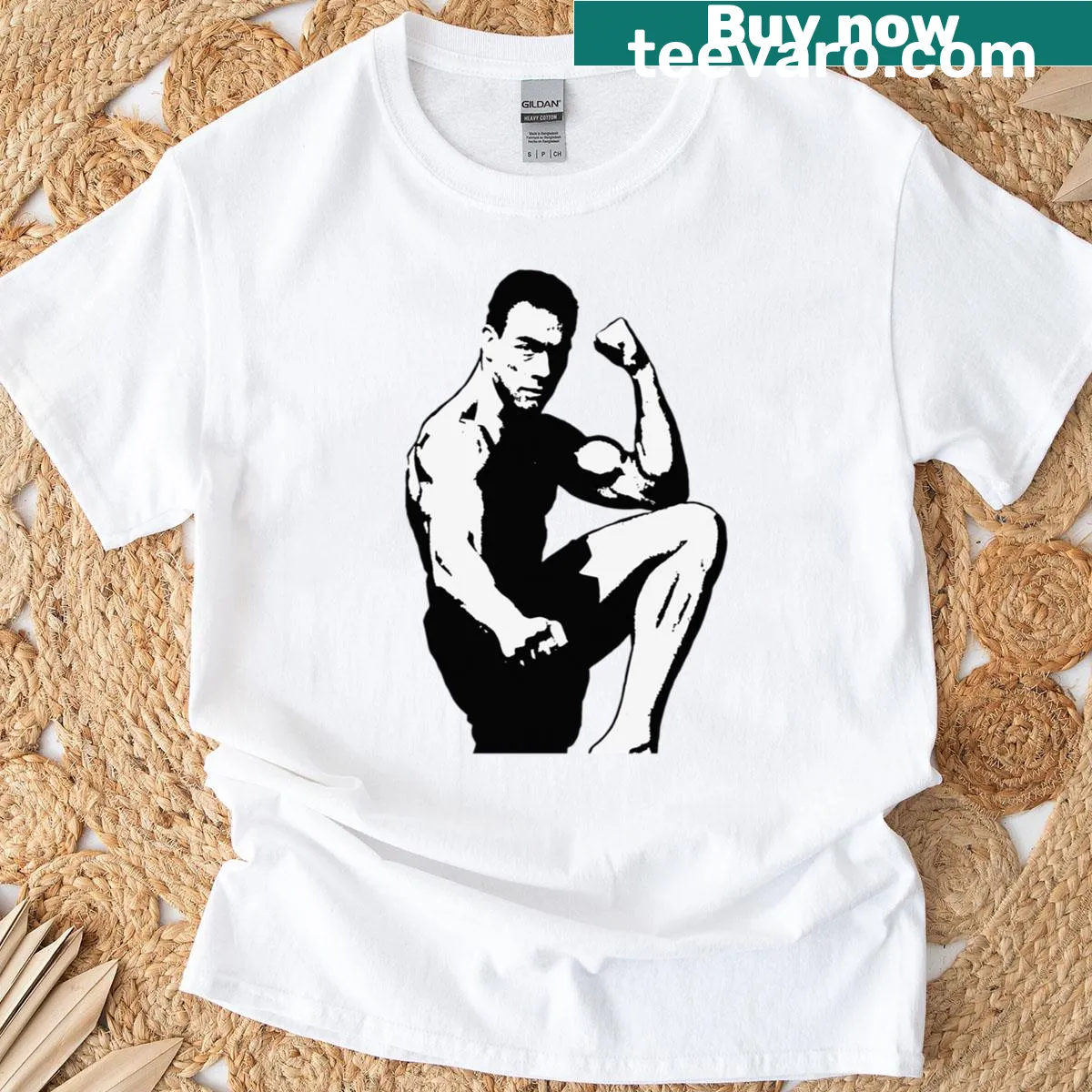 Silhouette of Van Damme in action pose on vintage style T-shirt — on a men's t-shirt