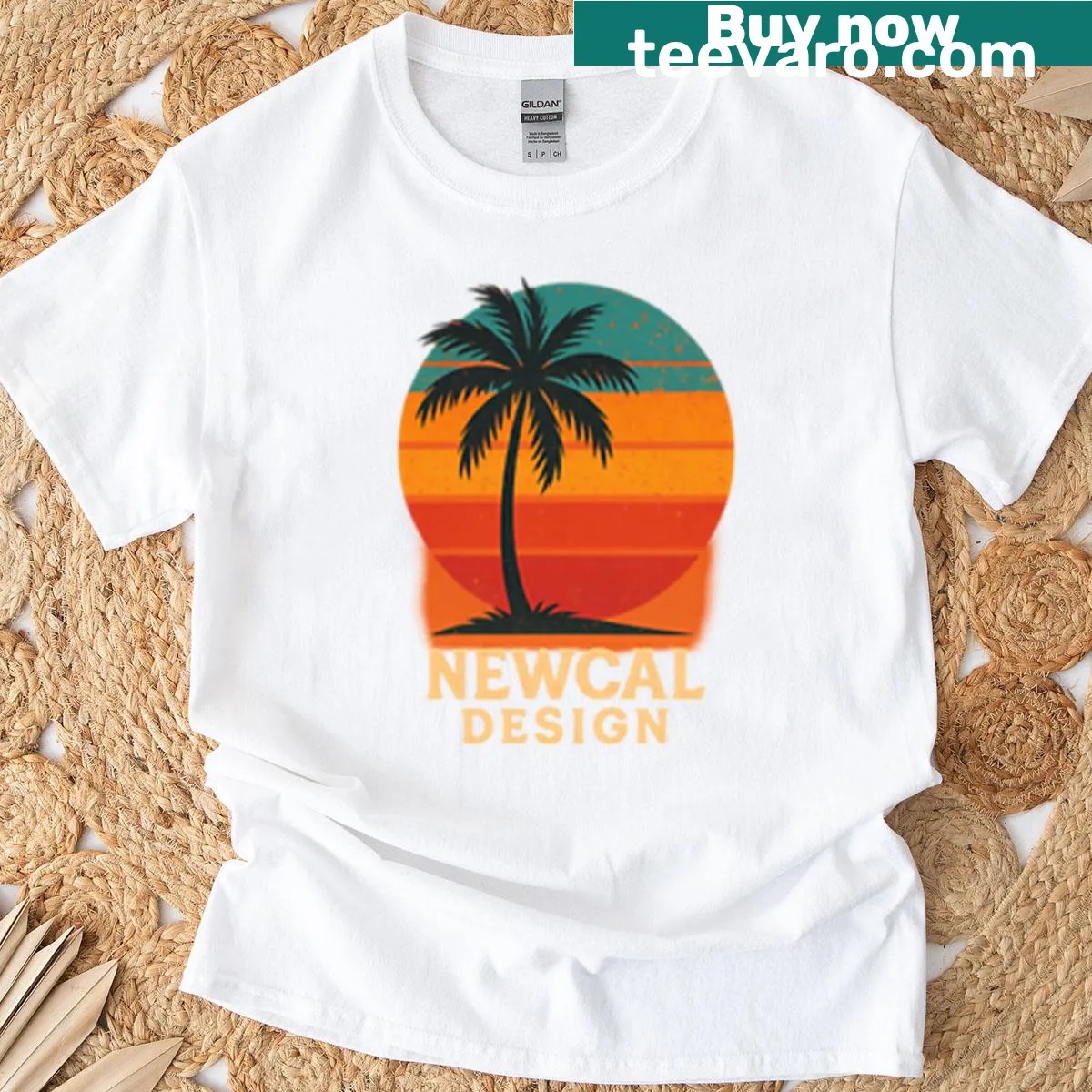 Vintage palm tree sunset design T-shirt evoking a relaxed California vibe — on a men's t-shirt