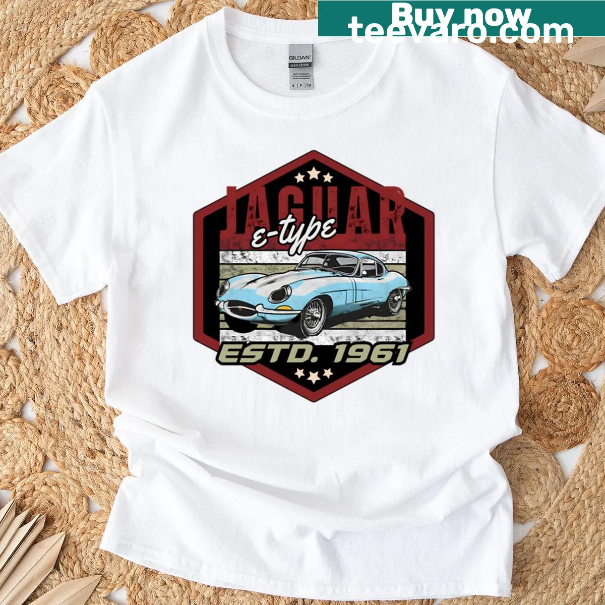 Vintage 1961 sports car graphic t-shirt — on a men's t-shirt