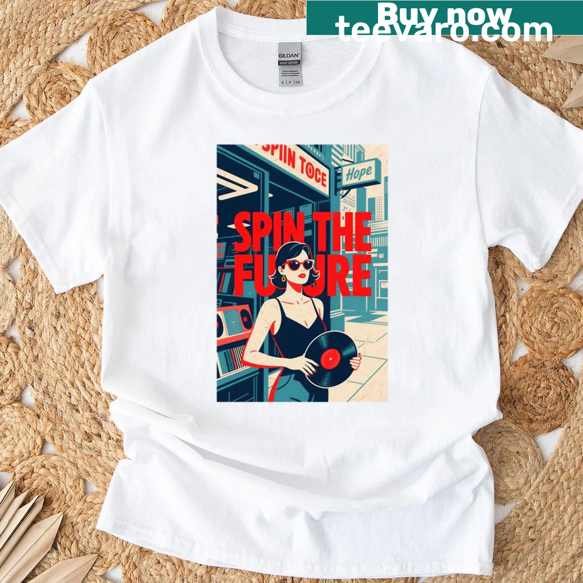Vintage-style music T-shirt featuring a girl and vinyl records — on a men's t-shirt