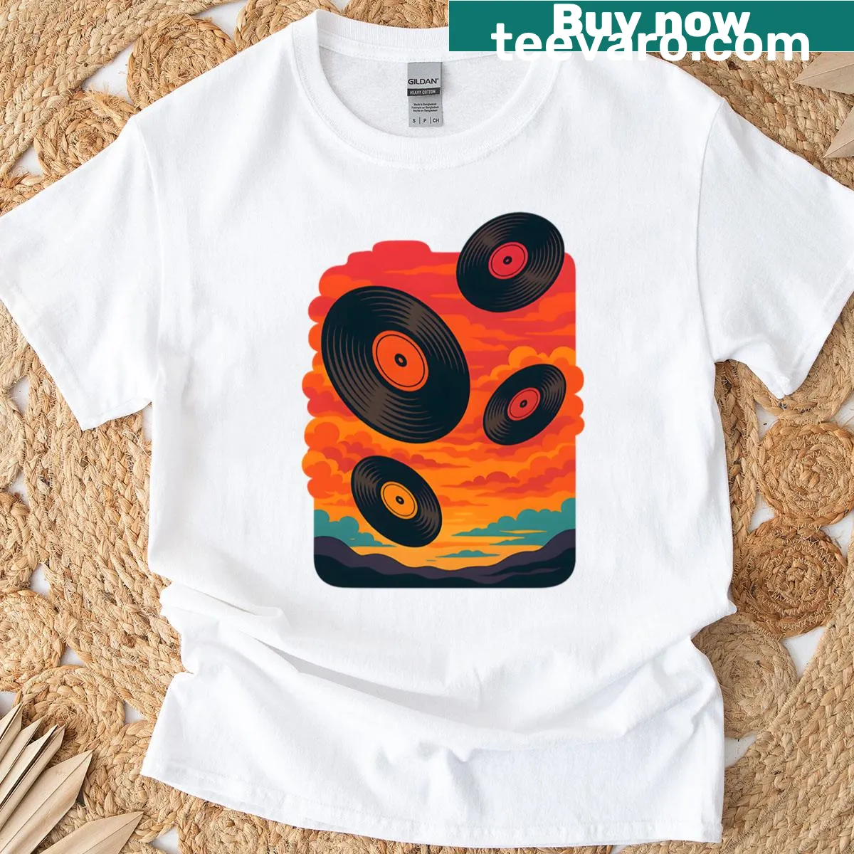 Surreal vintage vinyl record art T-shirt featuring a sunset design — on a men's t-shirt