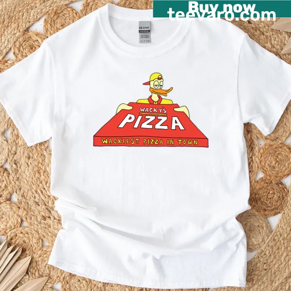 T-shirt featuring a playful cartoon graphic of a pizza delivery boy