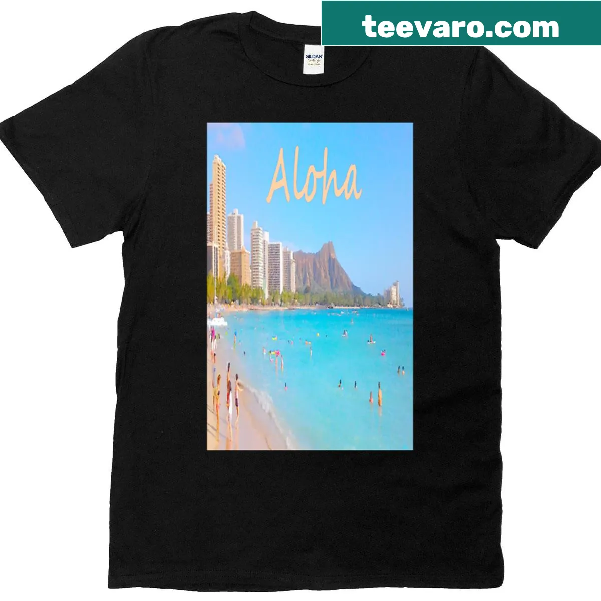 Illustrative T-shirt depicting a beach day scene with palm trees — on a men's t-shirt