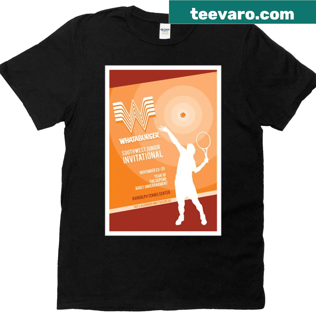 Illustrated t-shirt featuring humorous design related to Whataburger Junior Invitational. — on a men's t-shirt