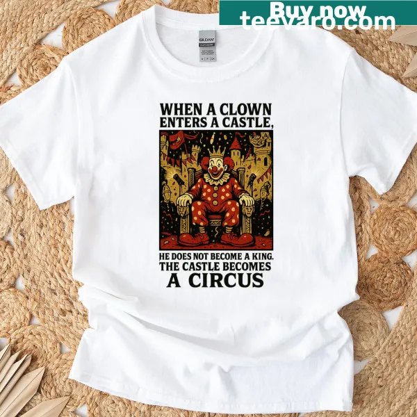 Humorous graphic of a clown entering a castle