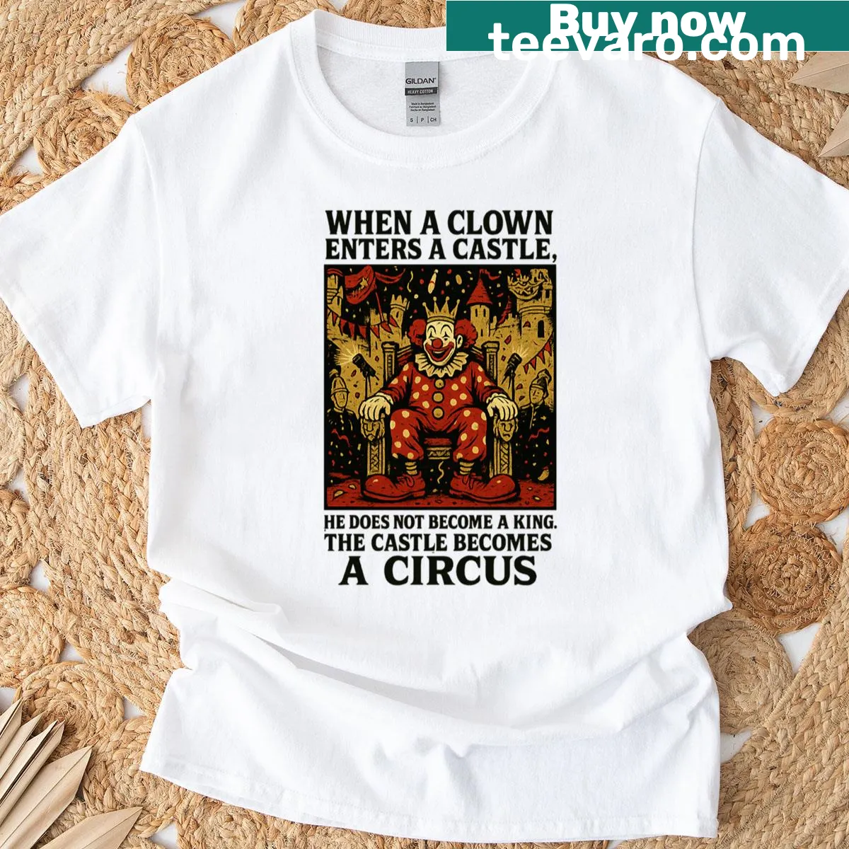 Humorous graphic of a clown entering a castle — on a men's t-shirt