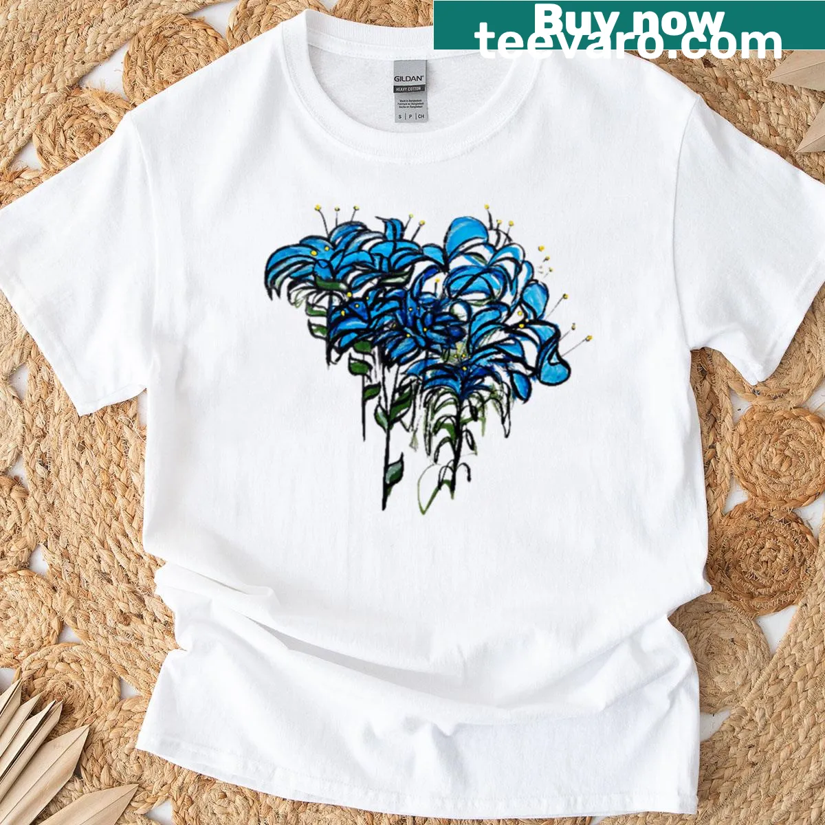 Floral illustration of wild blue flowers on T-shirt — on a men's t-shirt