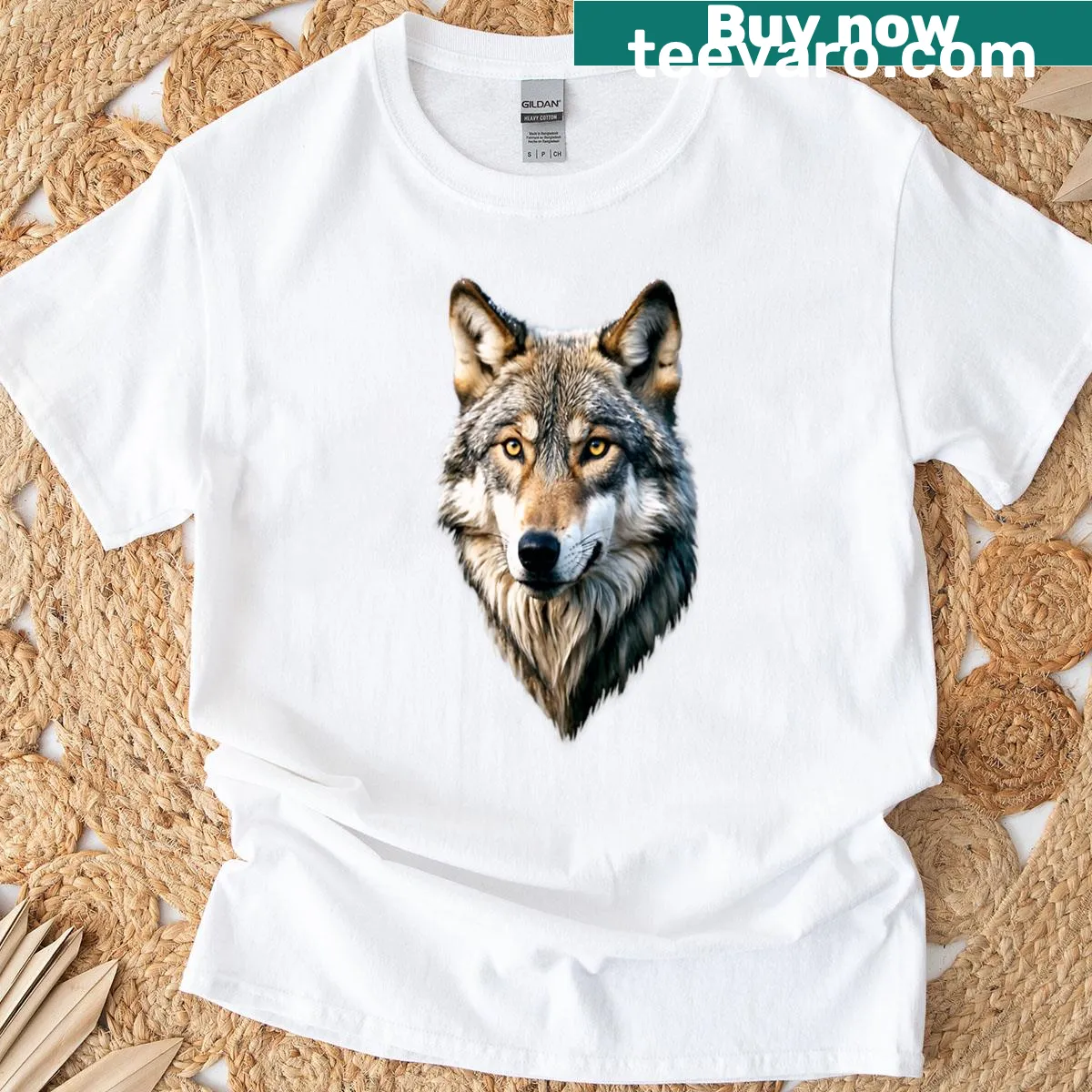 Illustrated wolf head graphic on a T-shirt — on a men's t-shirt