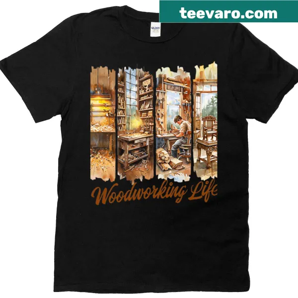 Vintage woodworking T-shirt showcasing craftsmanship in action.