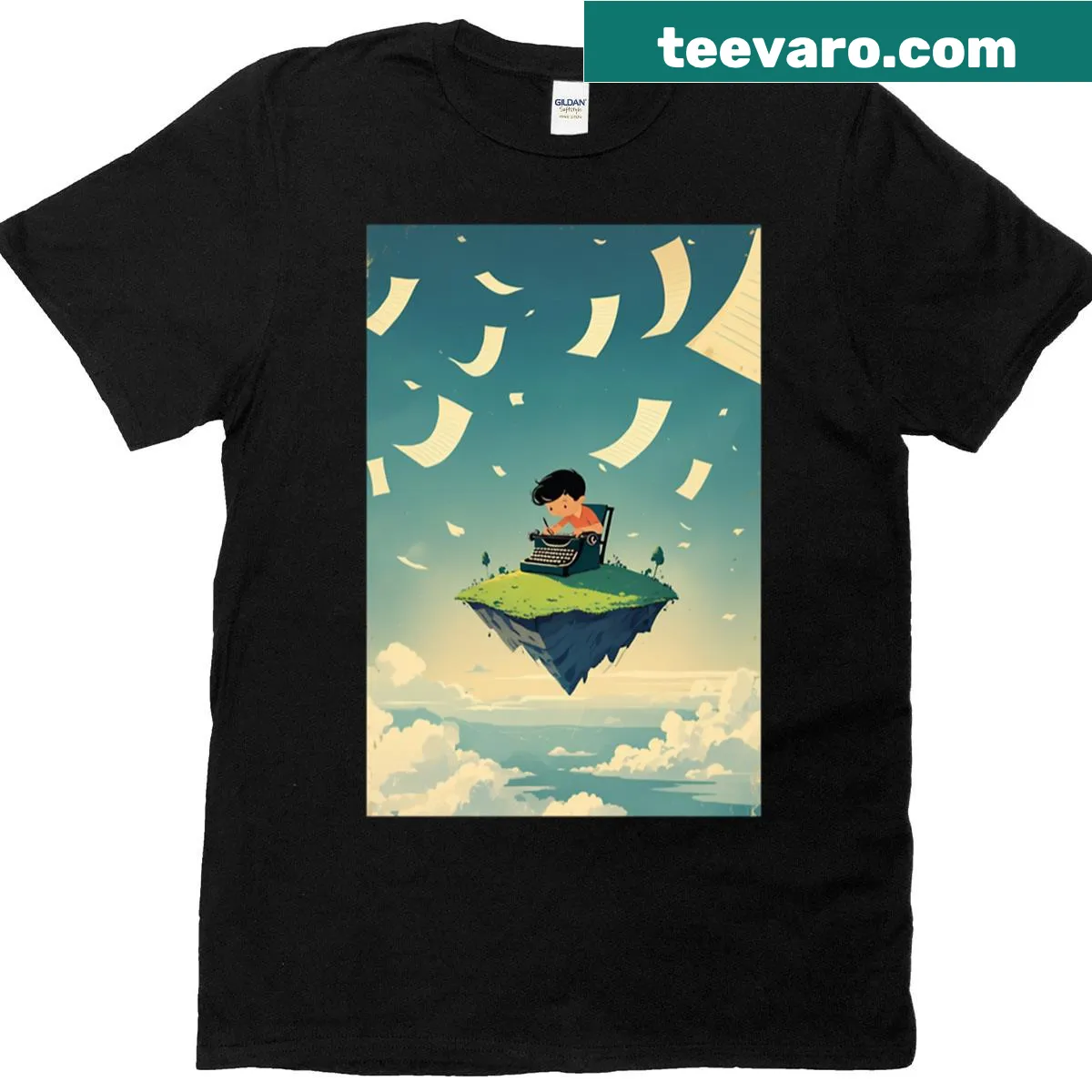 Minimalist T-shirt featuring a floating island design for writers. — on a men's t-shirt