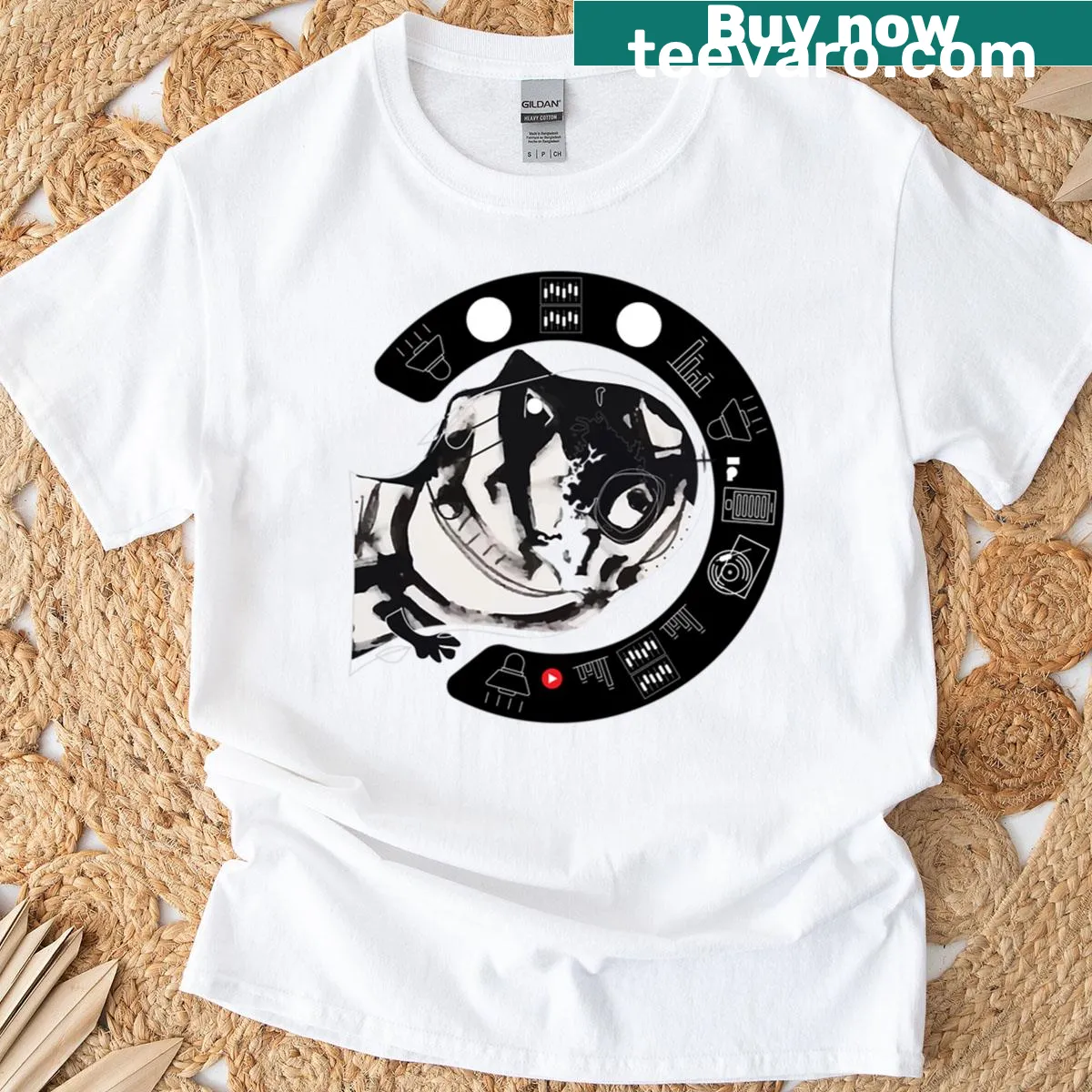 Graphic illustration of a DJ setup on oversized T-shirt — on a men's t-shirt
