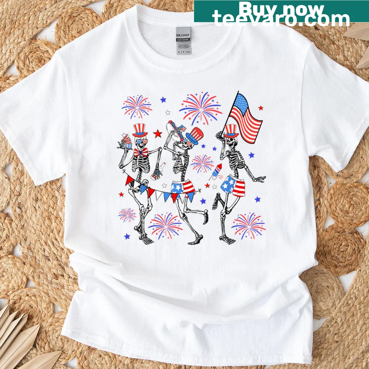 Funny 4th of July t-shirt with dancing skeletons — on a men's t-shirt