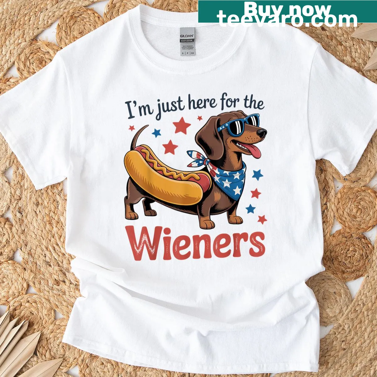 Funny dachshund graphic for 4th of July T-shirt — on a men's t-shirt