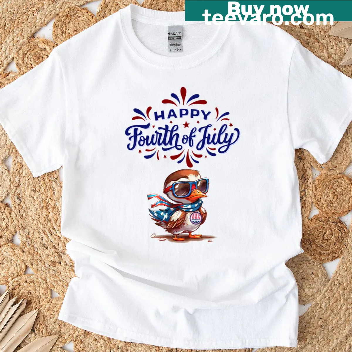 T-shirt featuring a cartoon duck in festive outfit for 4th of July — on a men's t-shirt