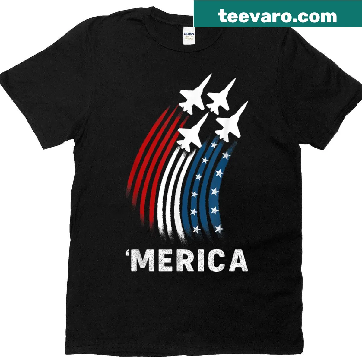 Funny T-shirt for men with American flag and 'Merica' text. — on a men's t-shirt