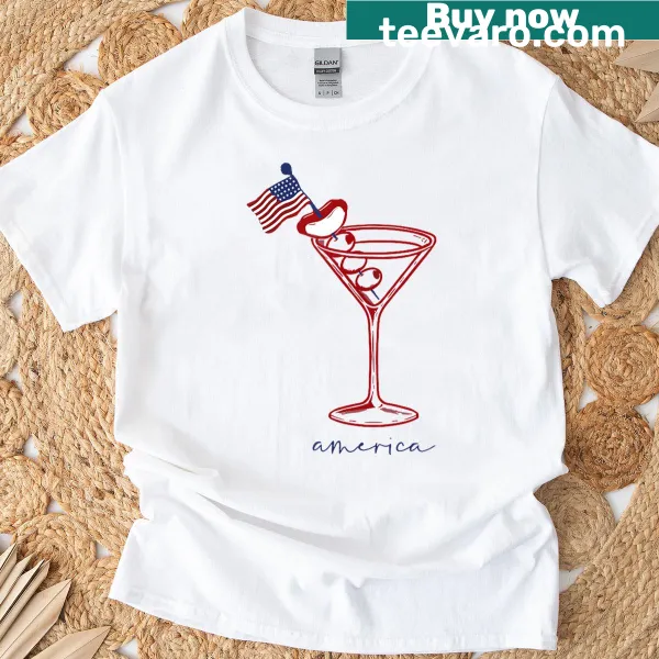 Funny T-shirt featuring a hot dog and martini graphic for 4th of July