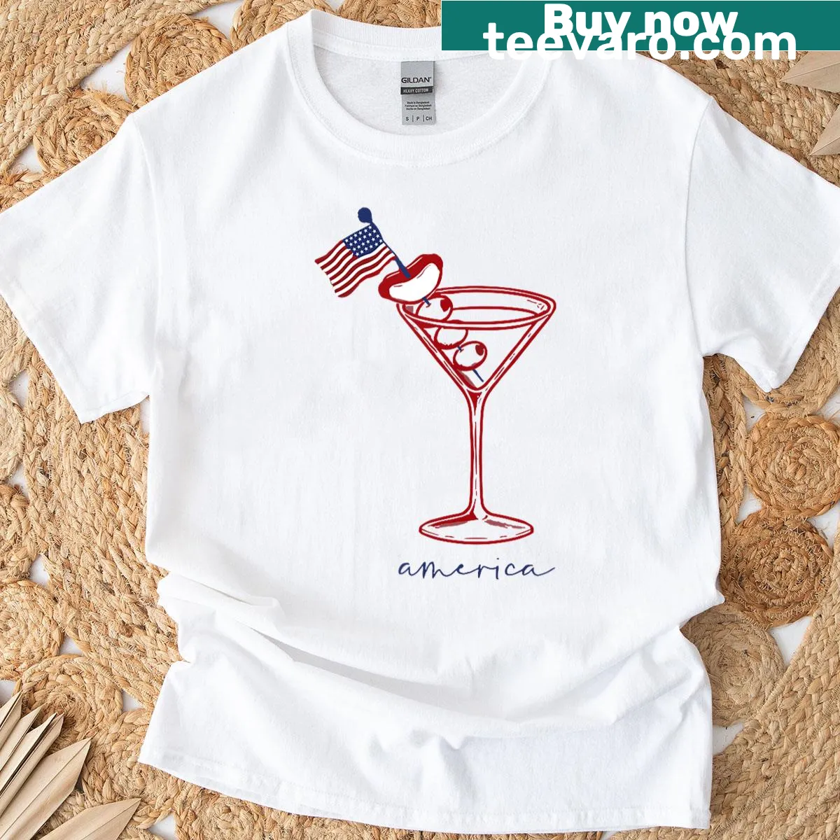 Funny T-shirt featuring a hot dog and martini graphic for 4th of July — on a men's t-shirt