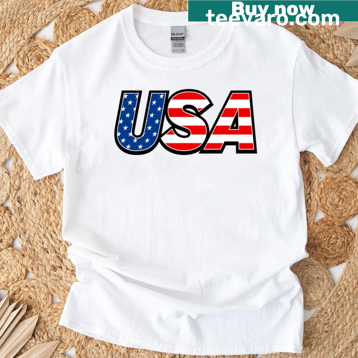 Patriotic T-shirt with a bold independence design in red, white, and blue — on a men's t-shirt