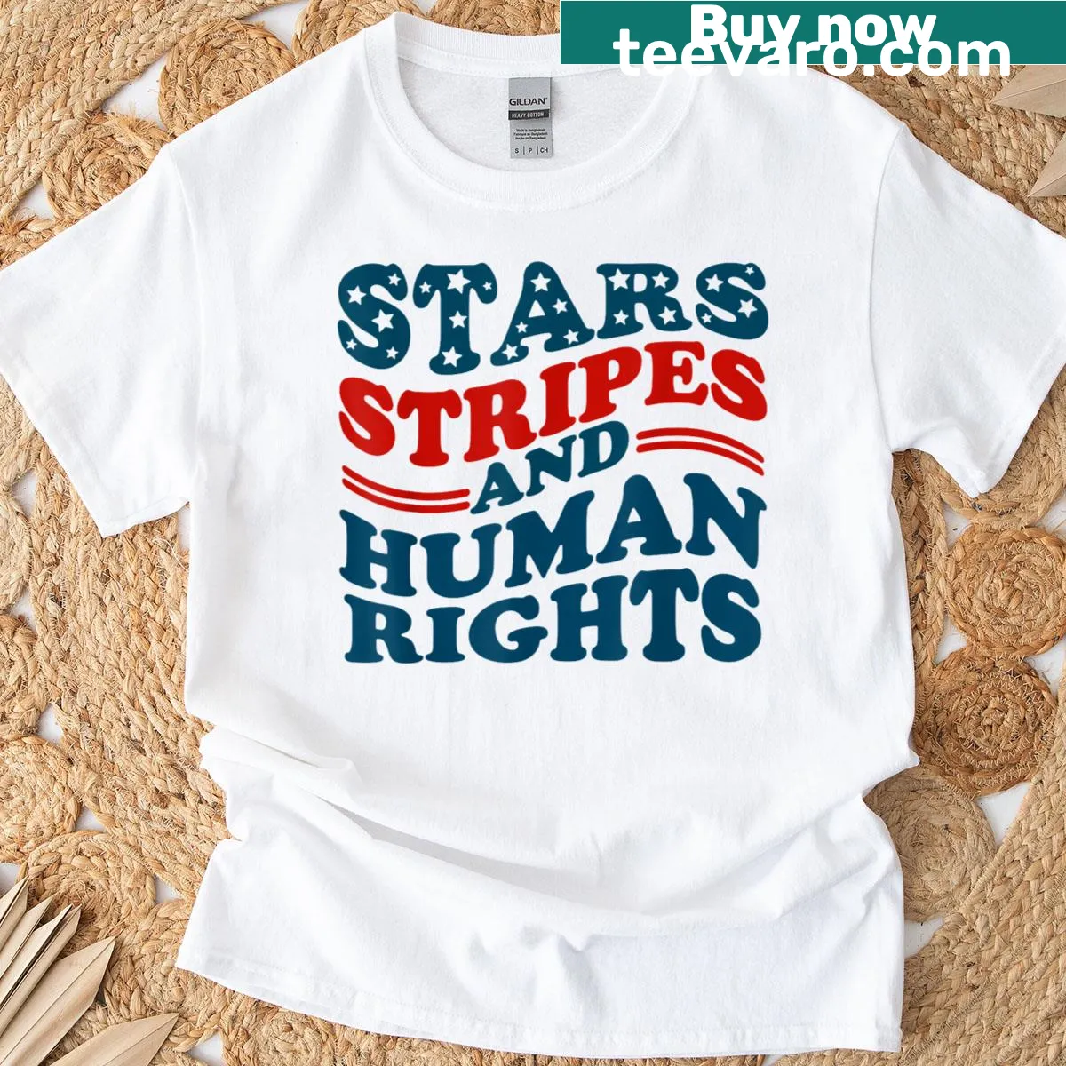 Women's T-shirt featuring stars and stripes with human and women's rights themes — on a men's t-shirt