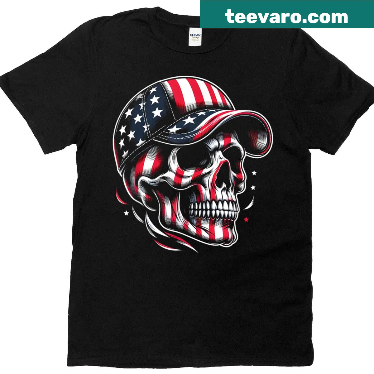Edgy American flag skull T-shirt for 4th of July — on a men's t-shirt