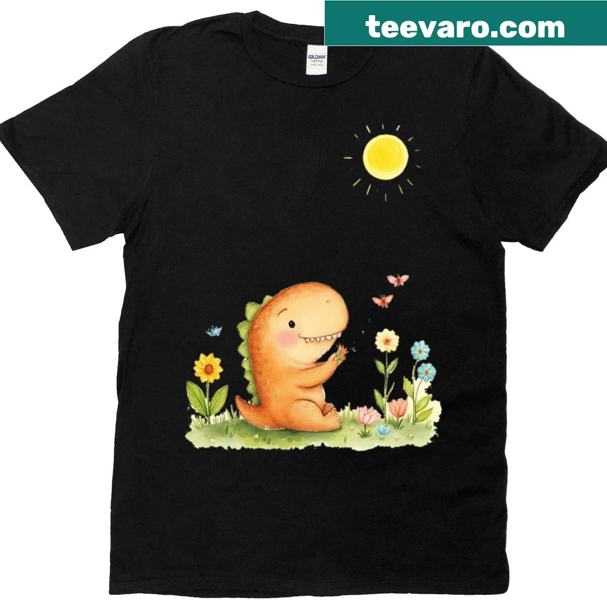 Cute baby dinosaur T-shirt with a floral field illustration for kids. — on a men's t-shirt