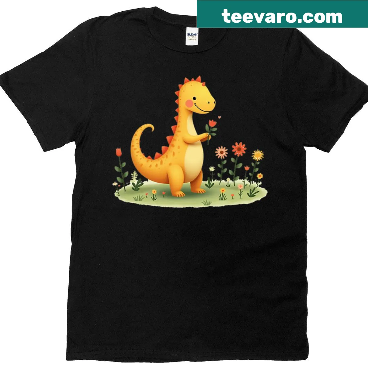 Cartoon dinosaur holding a flower in a garden on an oversized T-shirt — on a men's t-shirt