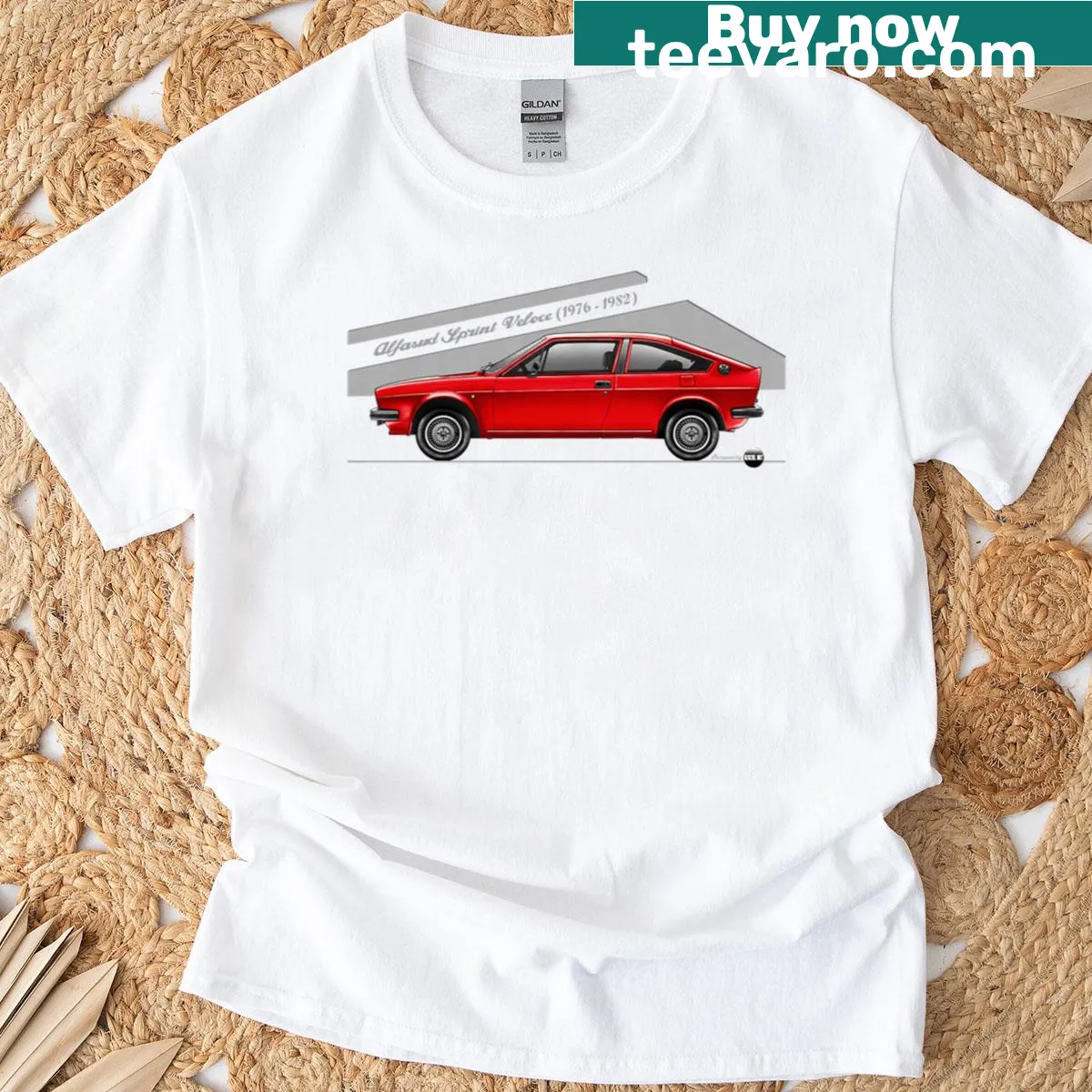 Graphic of an Alfasud Sprint Veloce on an oversized t-shirt — on a men's t-shirt