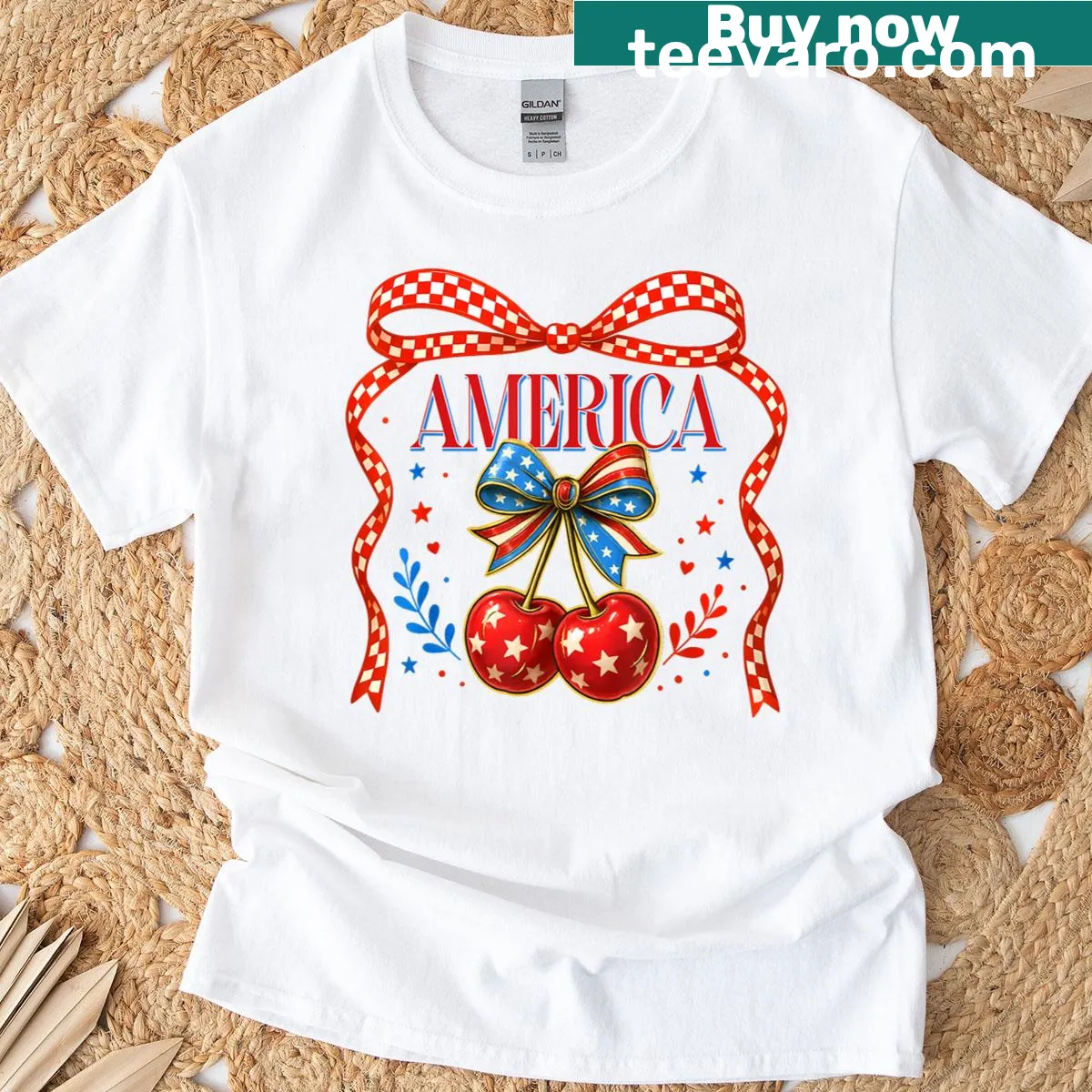 Charming T-shirt with cherry and bow design for July 4th — on a men's t-shirt