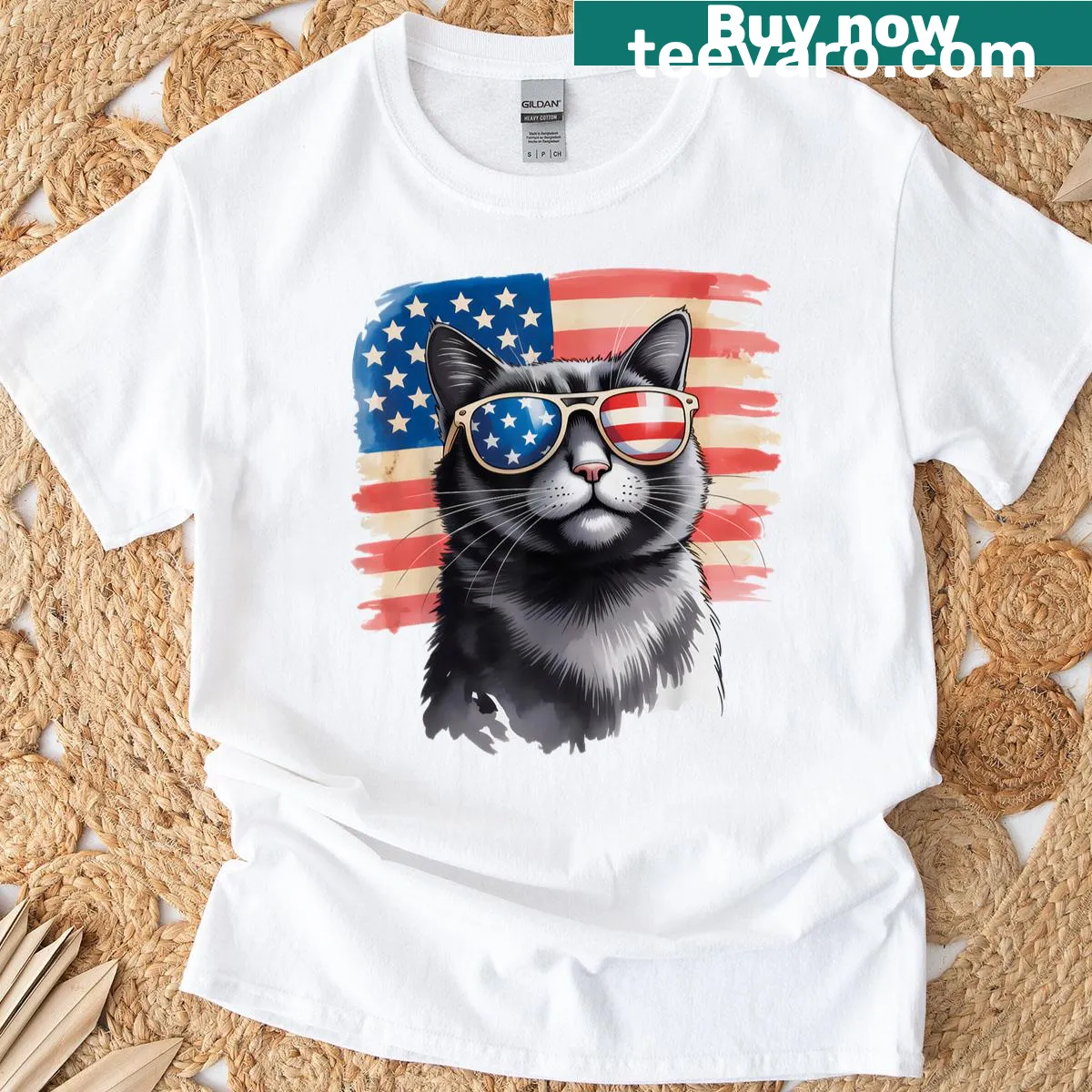 Black cat graphic with American flag for July 4th — on a men's t-shirt