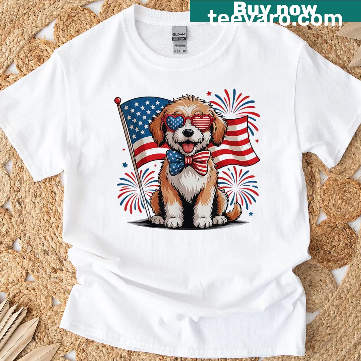 Patriotic T-shirt featuring a Goldendoodle and American flag — on a men's t-shirt