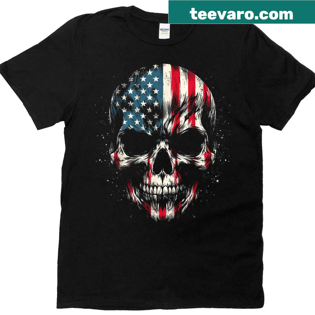 Skull and skeleton graphic with American flag on a T-shirt — on a men's t-shirt