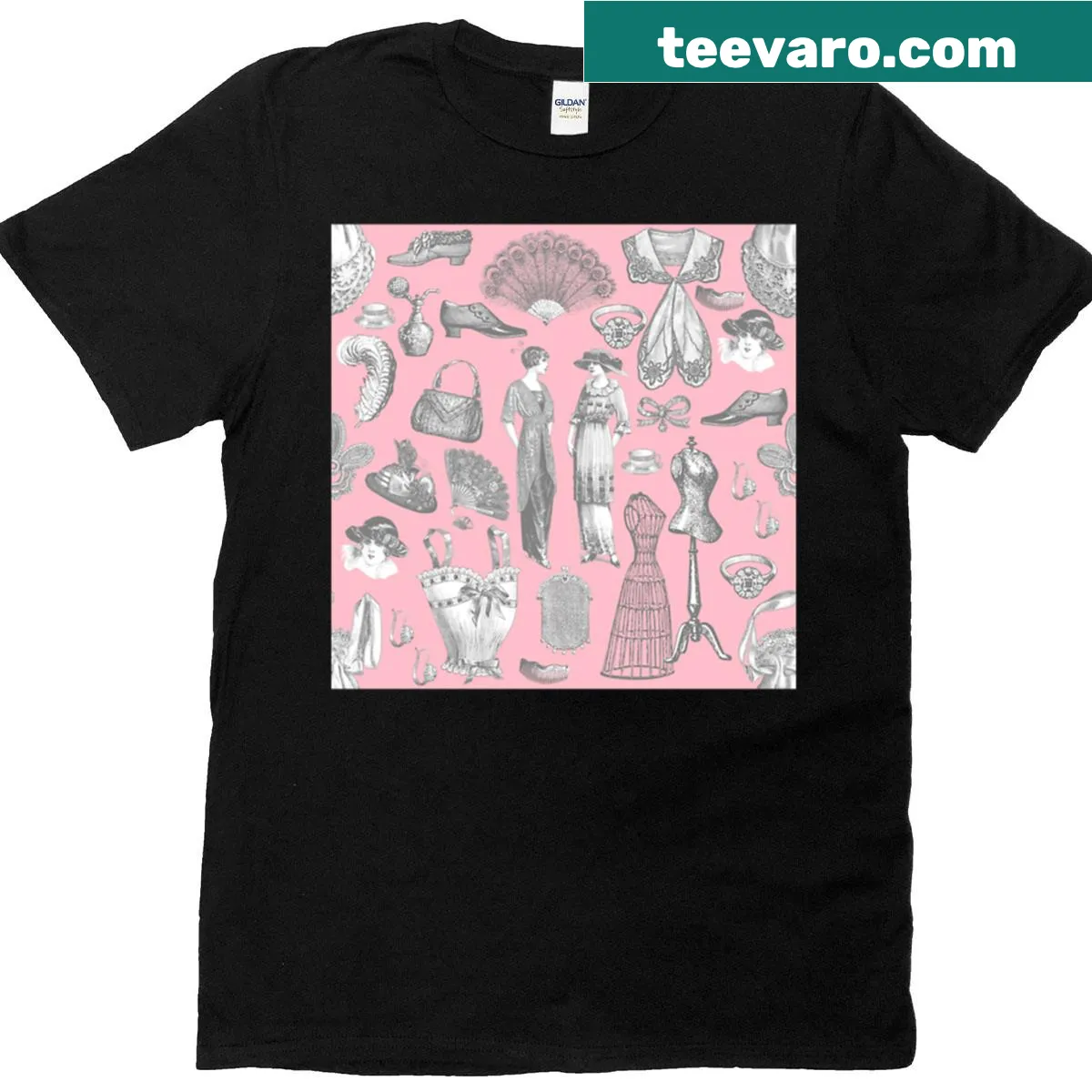 Vintage style pink toile graphic on oversized women's T-shirt — on a men's t-shirt