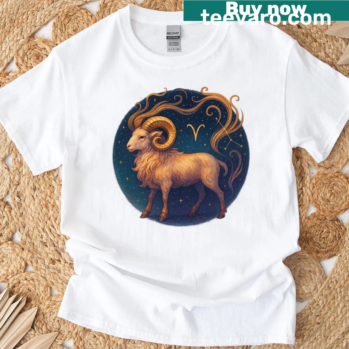 Bold Aries zodiac design with ram illustration — on a men's t-shirt