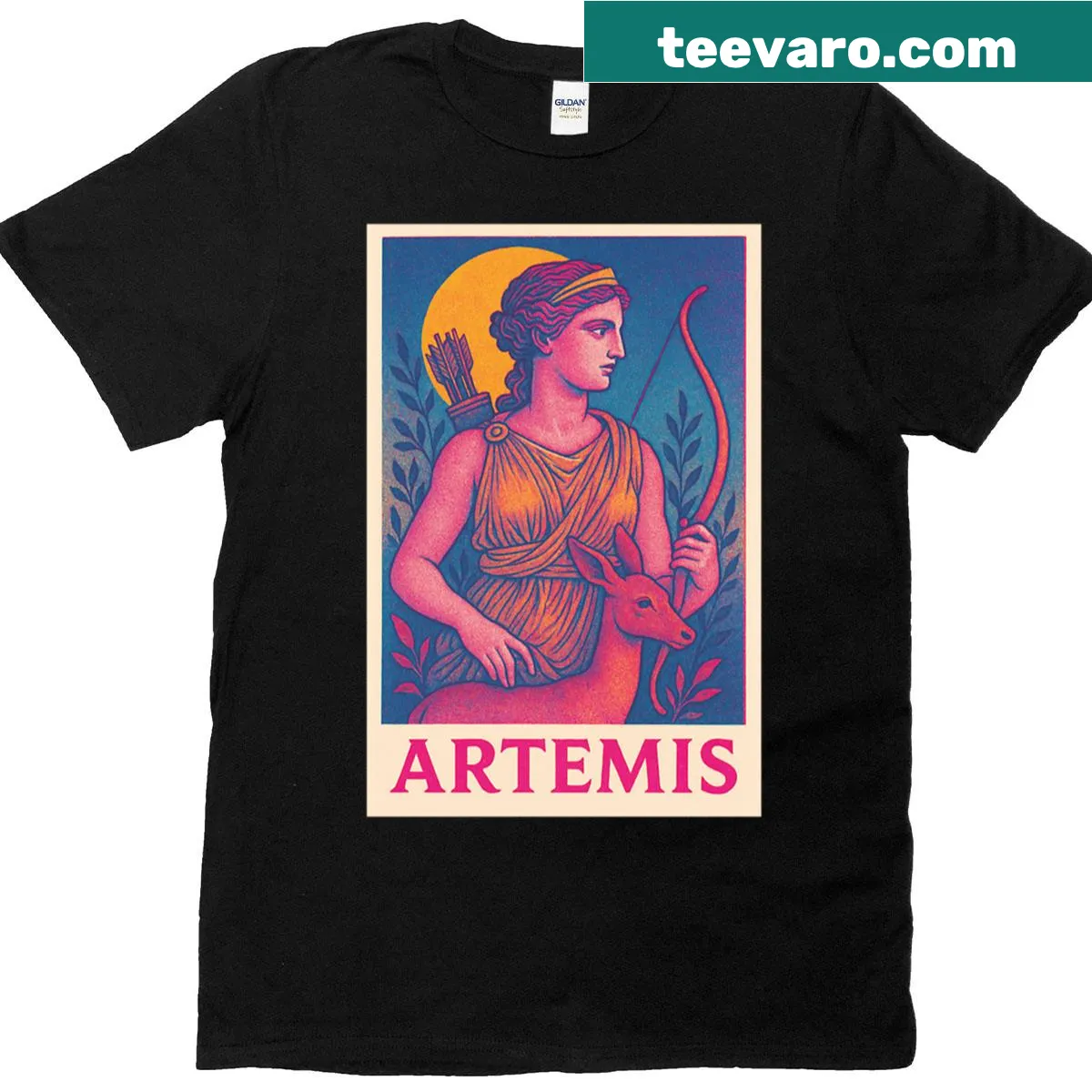 Illustration of Artemis, Greek goddess of the hunt, with bow and arrow. — on a men's t-shirt