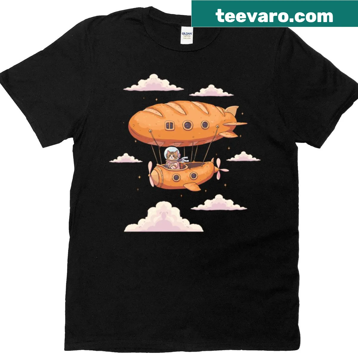 Astronaut cat in a bread zeppelin graphic on t-shirt — on a men's t-shirt