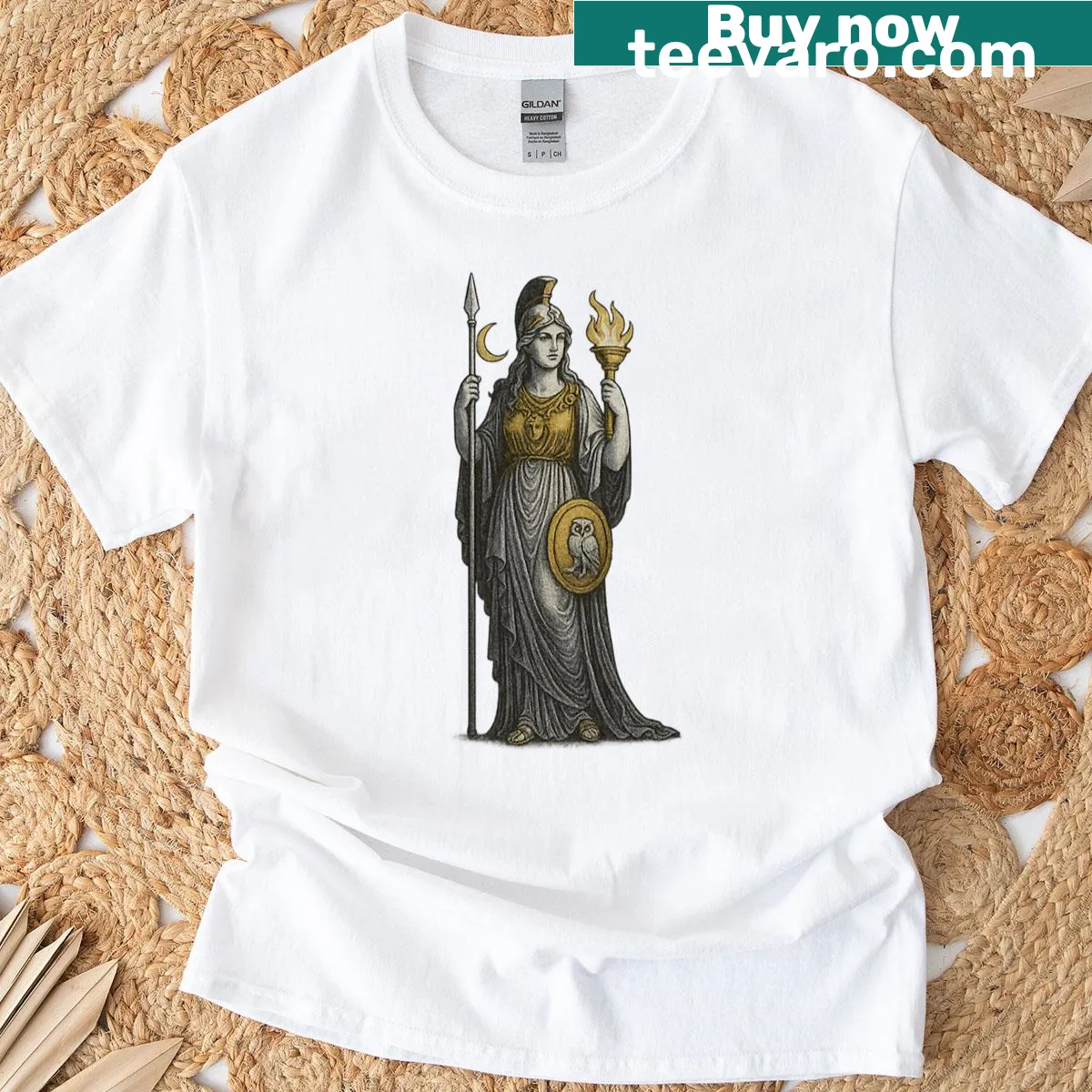 Illustrated oversized t-shirt featuring Athena, the Greek goddess — on a men's t-shirt