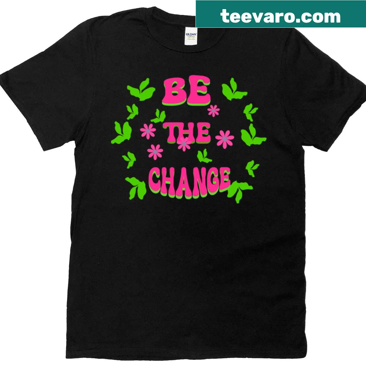 Inspirational T-shirt with floral design and 'Be The Change' text. — on a men's t-shirt