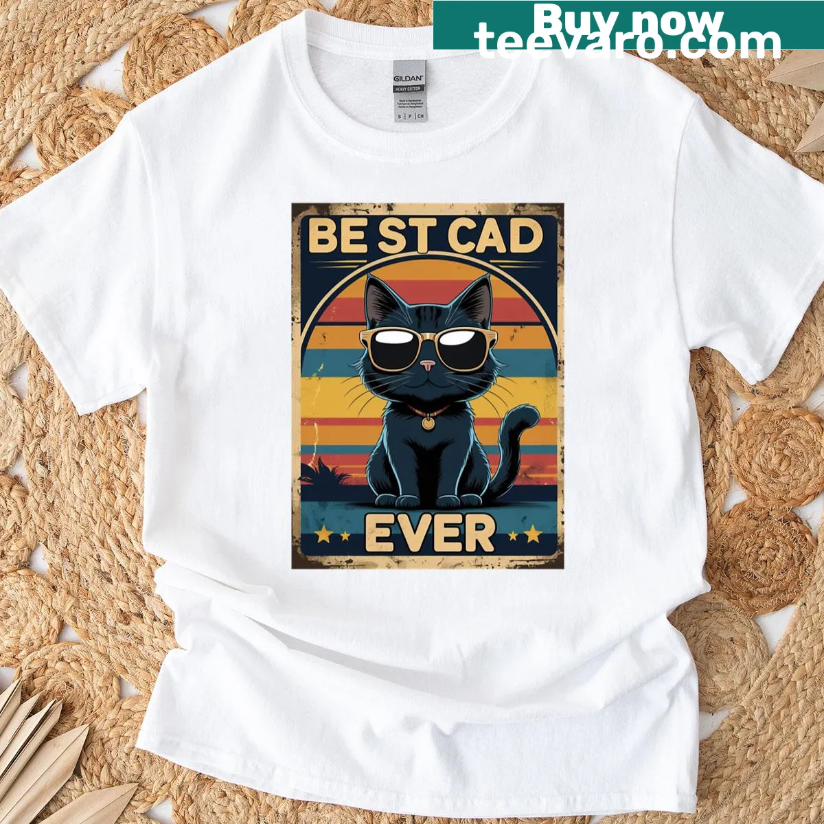 Vintage-style t-shirt featuring a black cat in sunglasses with humorous text — on a men's t-shirt