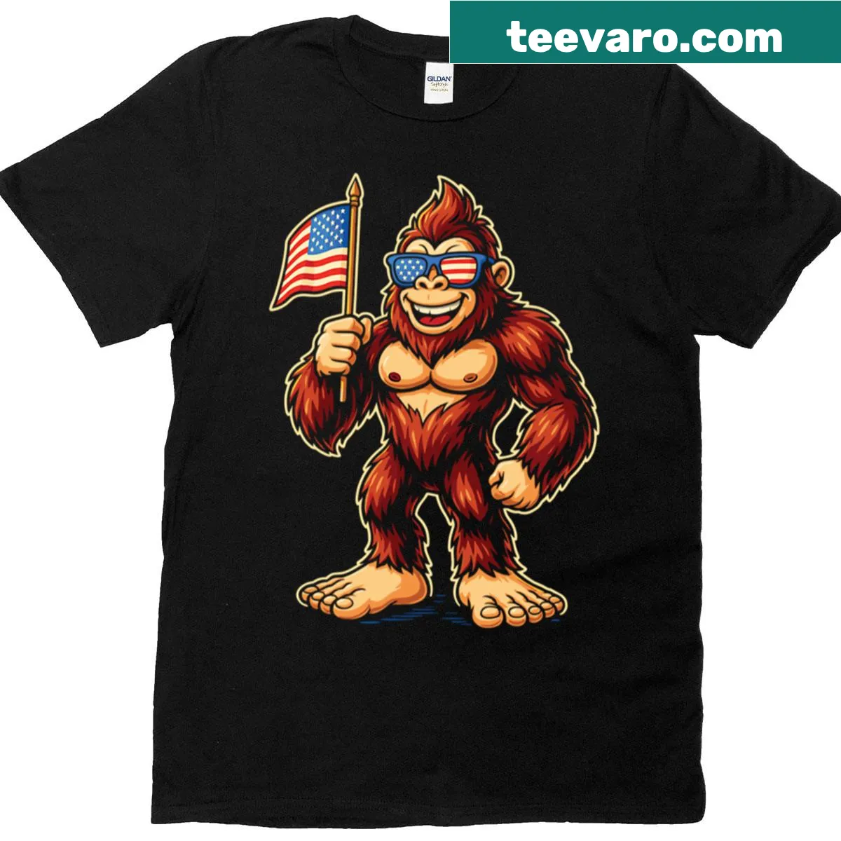 Bigfoot t-shirt with fireworks and American flag graphic — on a men's t-shirt