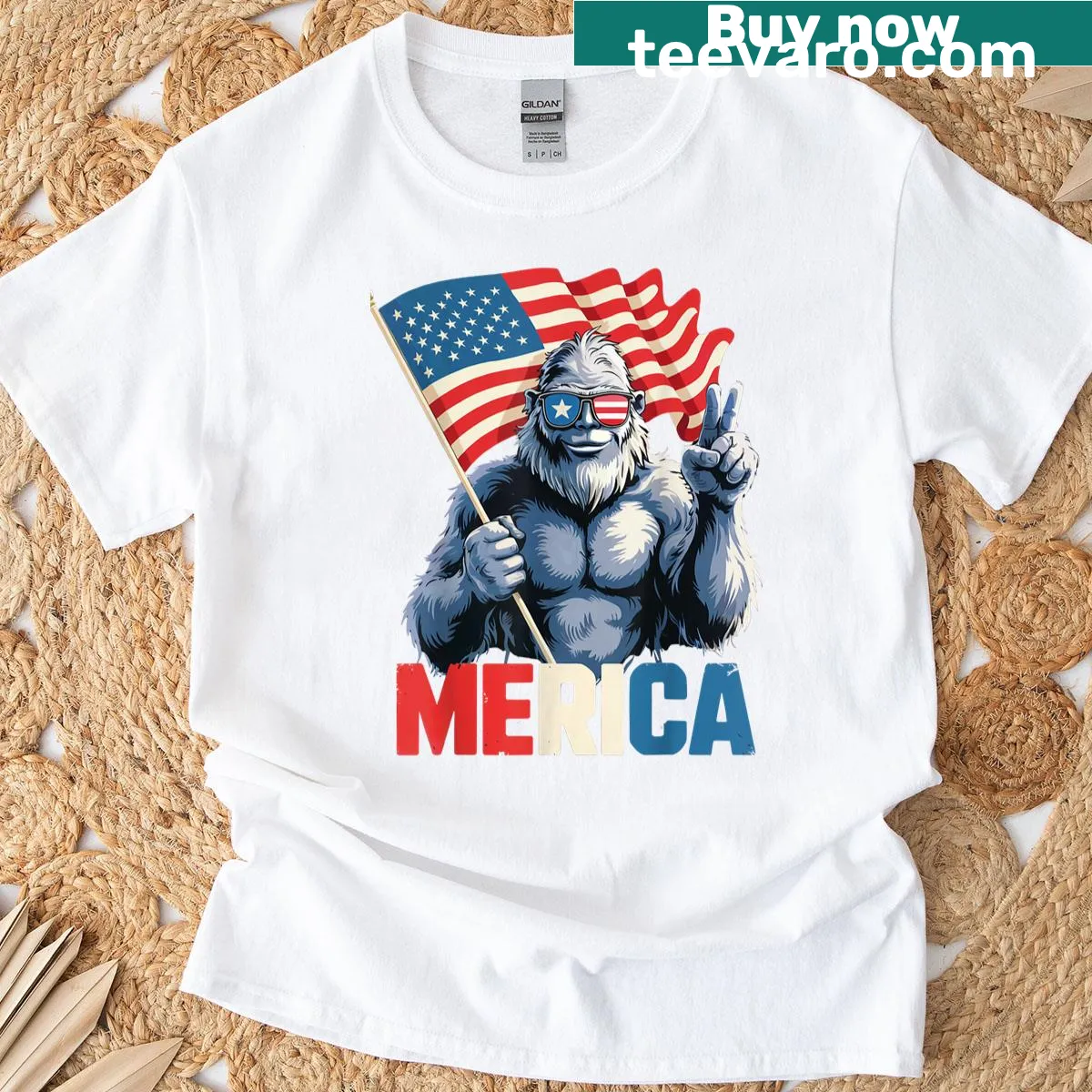 Bigfoot Merica American Flag T-shirt for Fourth of July — on a men's t-shirt