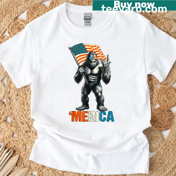 Bigfoot rocking American flag design for a patriotic T-shirt